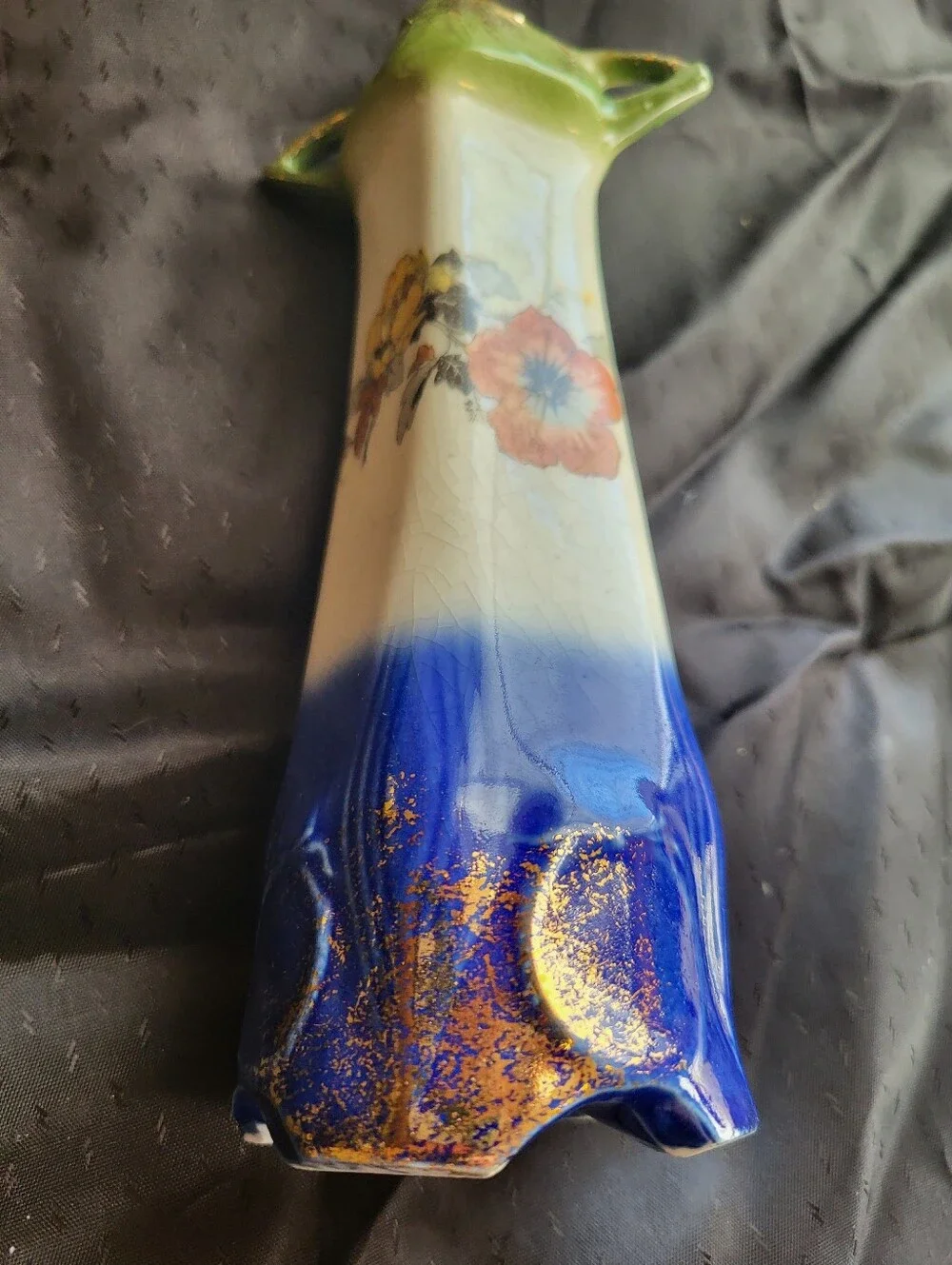 Vintage Cechalovakia 7 Inch Floral Ceramic Vase in Blue, Cream & Orange